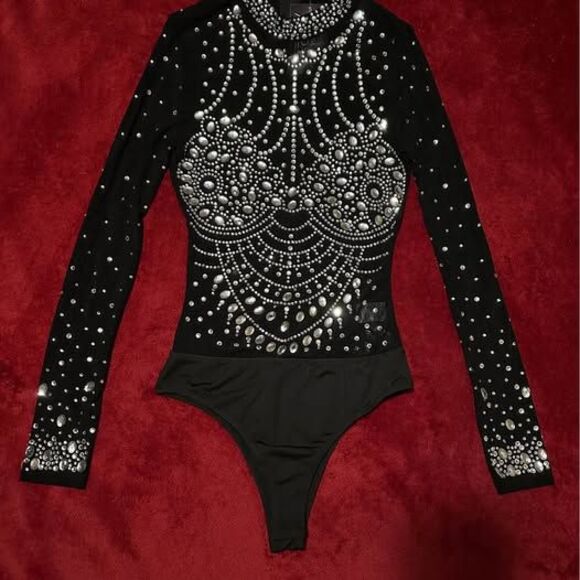 Other - NEW Women's Black Sheer Rhinestone Bling Bodysuit